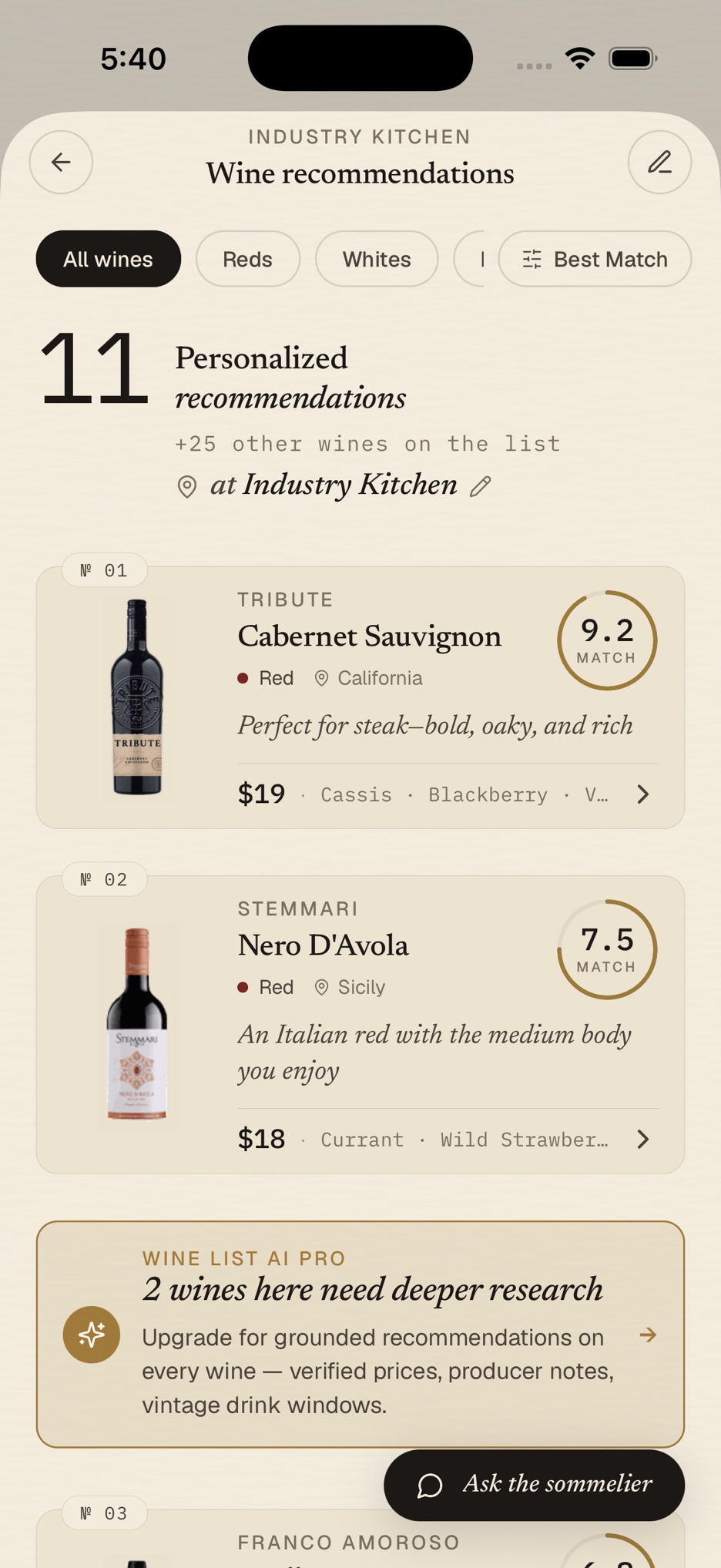 Wine List AI results at Industry Kitchen: eleven personalized recommendations, the top pick scoring a 9.2 match