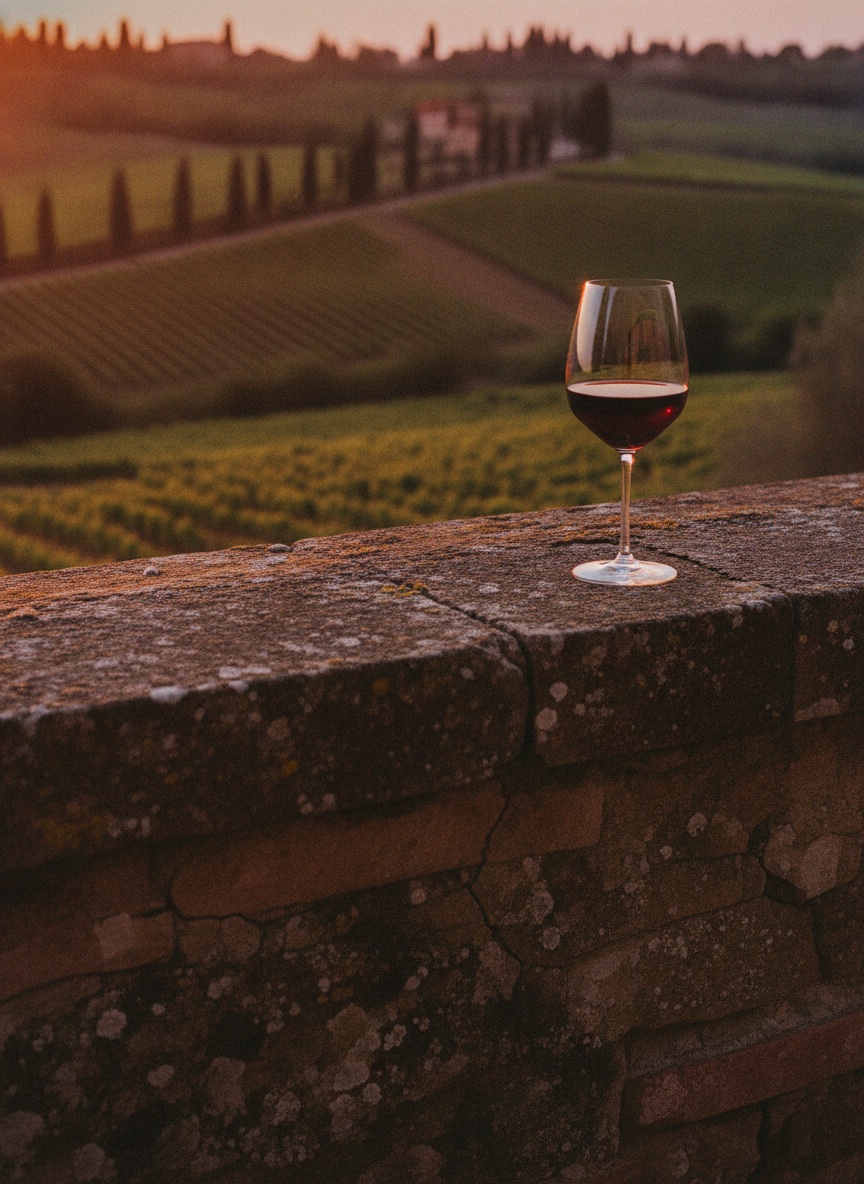 A glass of red wine on a stone wall overlooking Tuscan vineyards at dusk